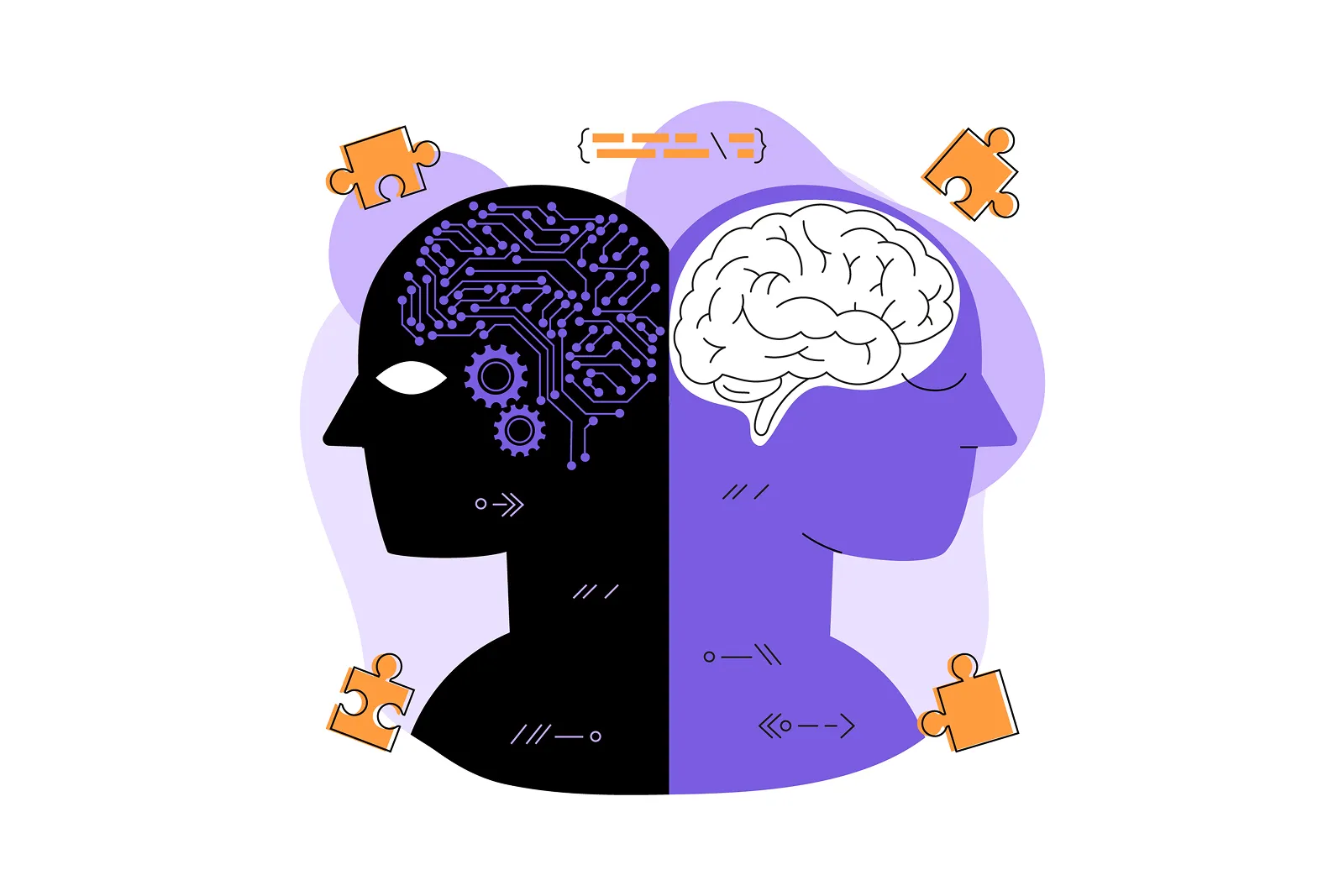 Ilustración de una cabeza dividida entre una mitad de circuitos y una mitad de cerebro orgánico, con piezas de rompecabezas alrededor