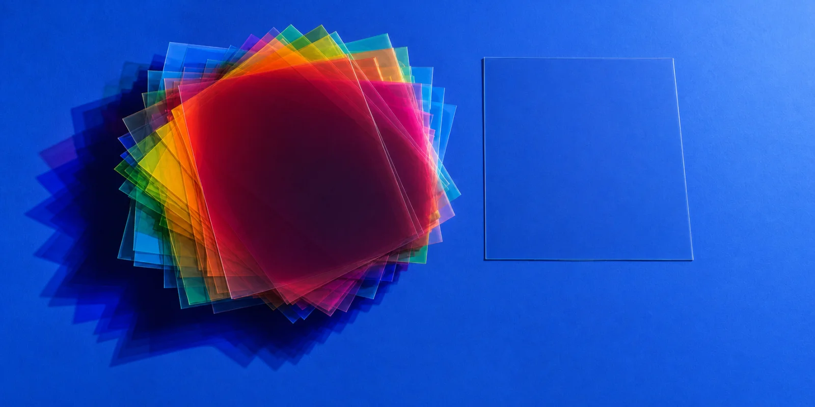 A stack of overlapping translucent coloured sheets beside a single clear sheet on a blue background