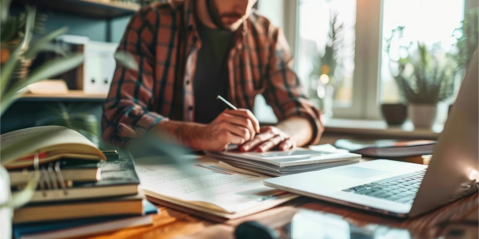 Una persona toma notas en un escritorio lleno de libros, papeles y un notebook junto a una ventana