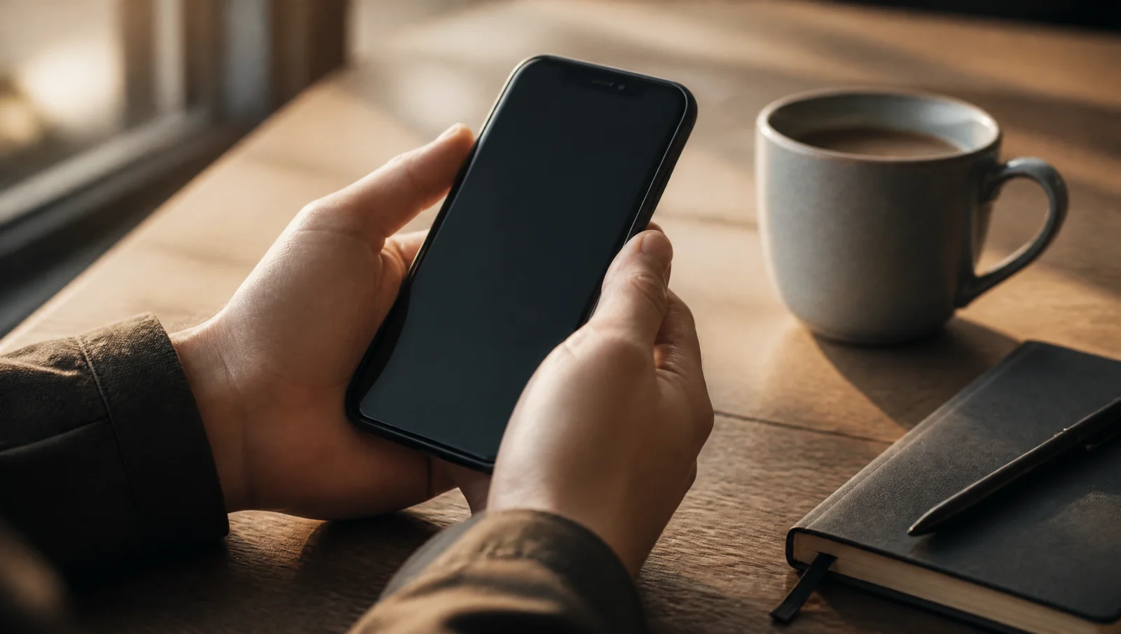 Hands holding a phone with a dark screen at a sunlit table beside a cup and a closed notebook
