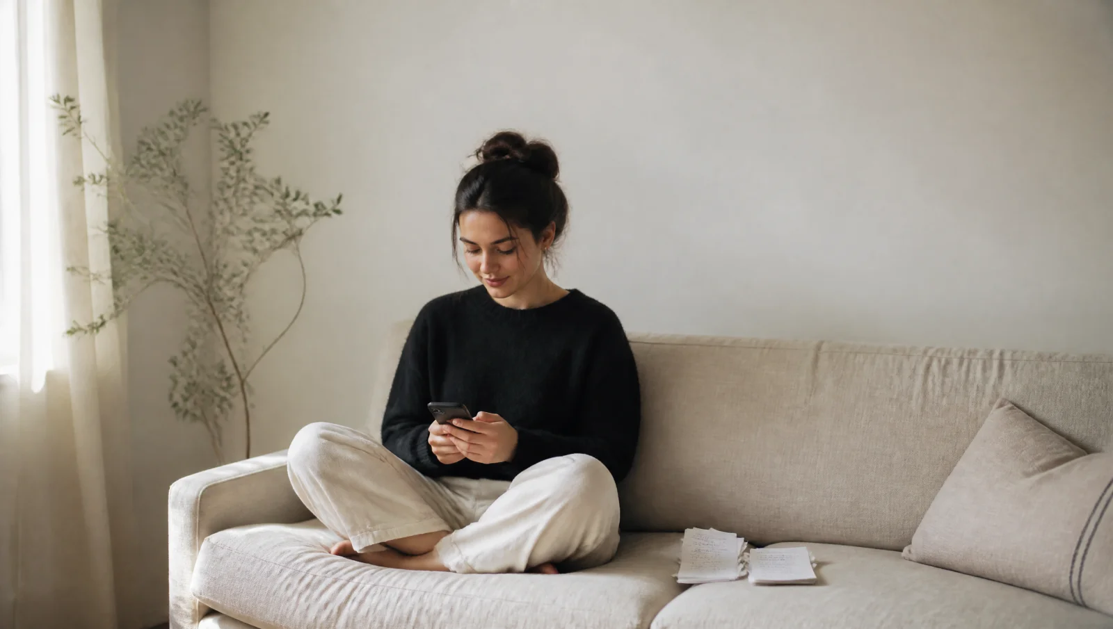 A person sitting cross-legged on a sofa using a phone, with handwritten cards resting beside them